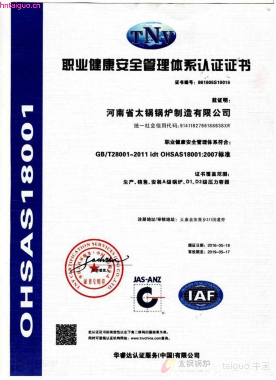 tnv职业健康安全管理体系认证证书